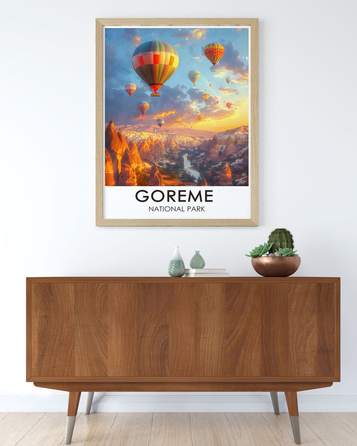 This travel poster showcases the mesmerizing landscape of Goreme National Park in Turkey, featuring the unique Fairy Chimneys and vibrant hot air balloons floating above, perfect for adding a touch of adventure to your home decor.