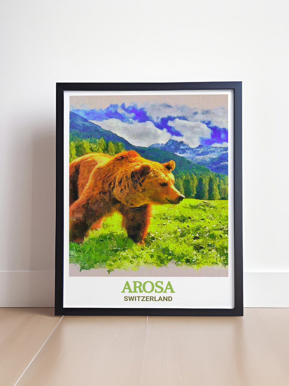 Arosa Custom Print featuring the vibrant winter sports culture and natural beauty of Arosa, Switzerland. The artwork brings out the best of the Alps, making it an excellent choice for those who appreciate the thrill of skiing and the tranquility of mountain landscapes