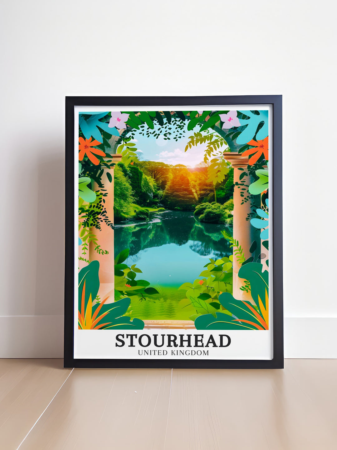 Stourhead Poster Print focusing on the iconic Temple of Flora in Wiltshire, capturing the harmonious blend of architecture and nature in one of the UKs most celebrated gardens.