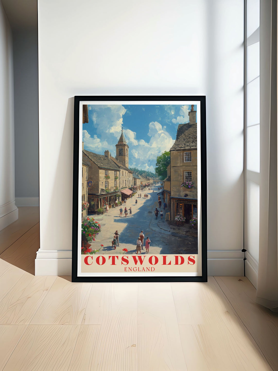 This poster artfully depicts the natural beauty of the Cotswolds and the historic charm of Stow on the Wold Market Square, offering a perfect blend of Englands landscapes and cultural landmarks for your decor.