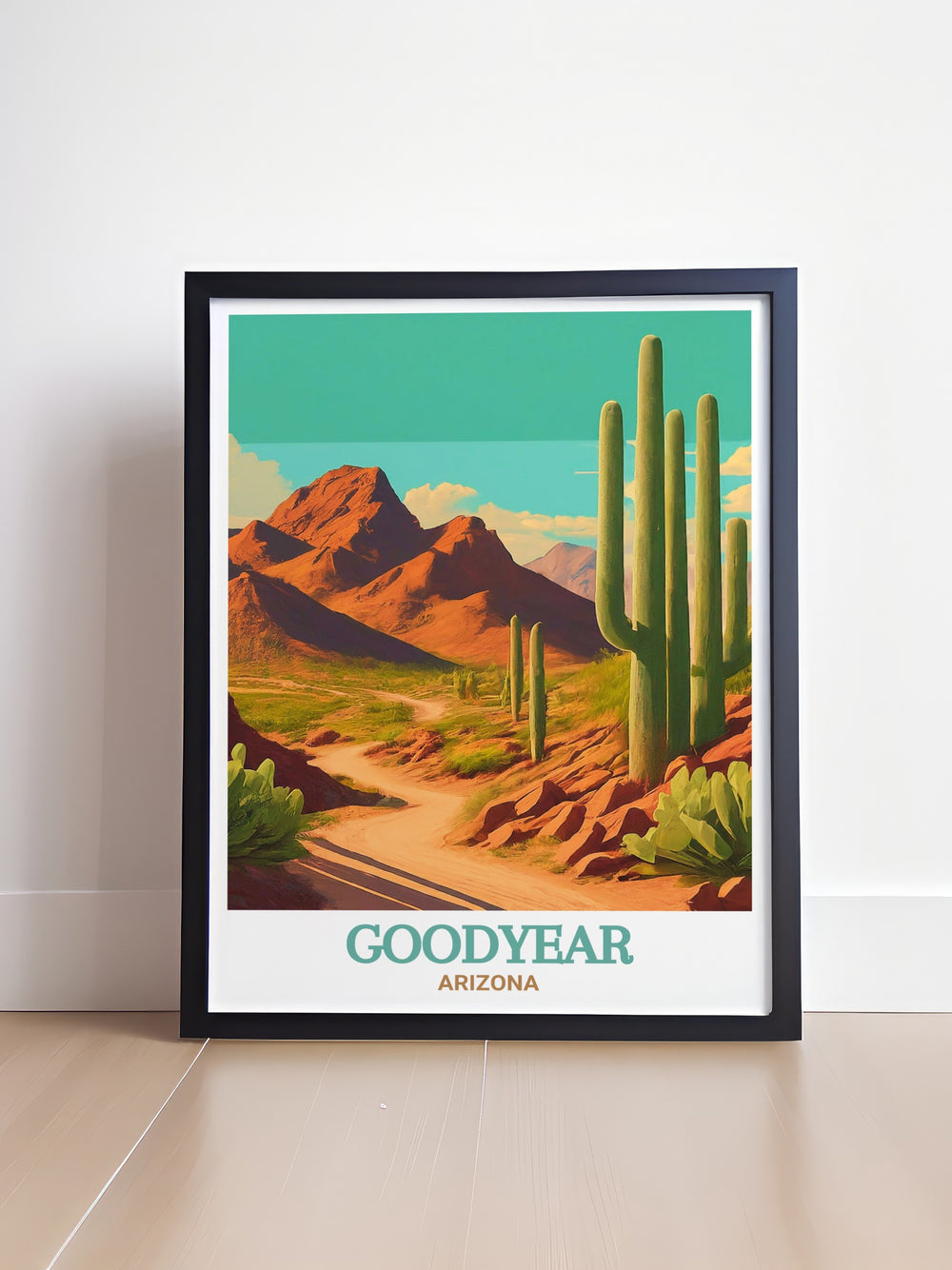 This Goodyear poster print brings the stunning desert landscape of Arizona into your home. Featuring the breathtaking views of the Estrella Mountains and the vast desert expanse, this artwork is perfect for nature lovers and adventure enthusiasts. It captures the essence of the American Southwest with its warm tones and rugged beauty.