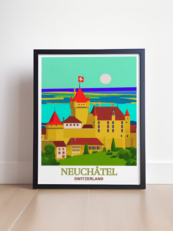 Neuchatel Castle stunning prints showcasing the peaceful beauty of Lake Neuchatel. This France home decor piece offers a timeless look with its blend of natural beauty and architectural history. Perfect for art lovers and anyone who appreciates French culture.