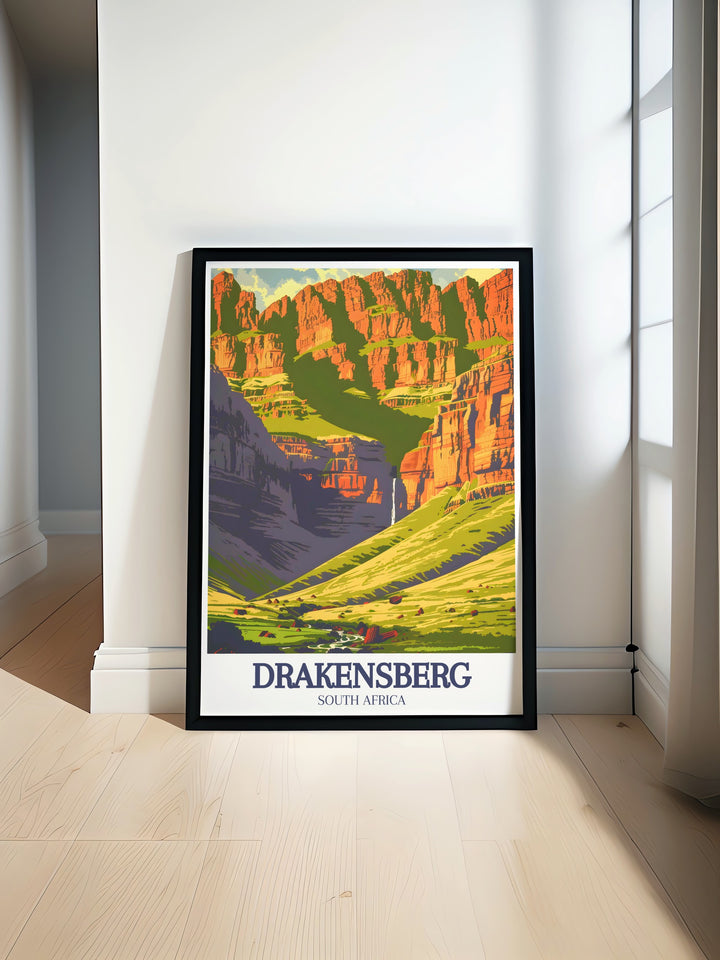 Discover the scenic beauty of South Africas Drakensberg Mountains with this travel print. Featuring Giants Castle and the striking landscapes of Royal Natal National Park, its an ideal gift for travelers and outdoor lovers looking to bring nature into their home decor.