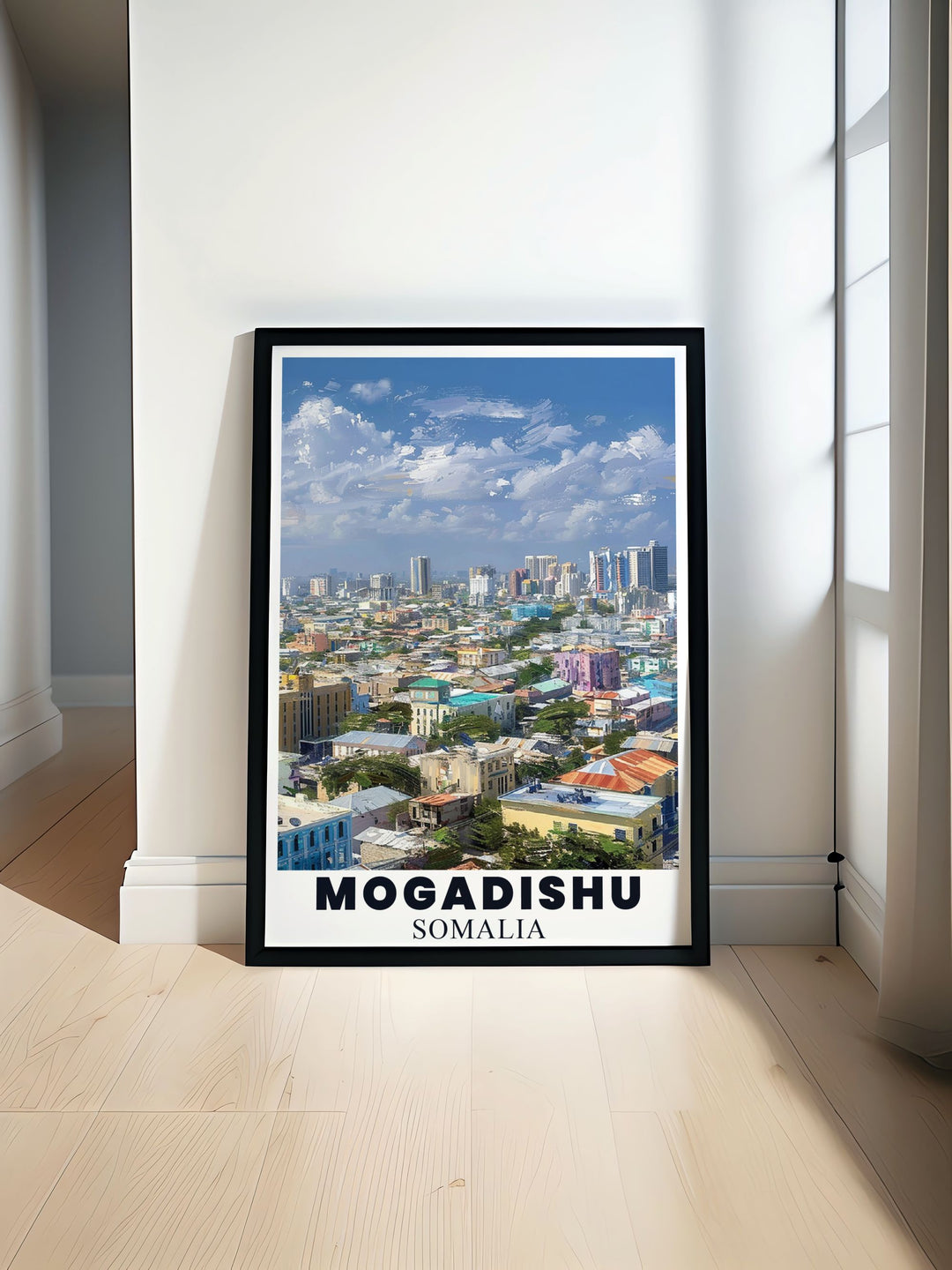 The vibrant streets and historic significance of Mogadishu are depicted in this travel poster, showcasing the natural beauty and cultural richness that define Somalia.