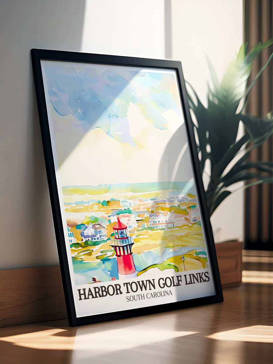 The Harbour Town Lighthouse and its connection to Harbor Town Golf Links are beautifully depicted in this travel poster. Ideal for golf lovers and coastal enthusiasts, this canvas art celebrates the unique charm of Harbor Town.