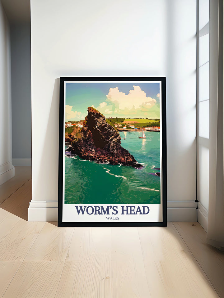 Worms Head Art Print features the iconic silhouette of Worms Head extending into the sea, with the sweeping views of Rhossili Bay and Southgate in the background. This artwork is perfect for nature lovers and travelers who want to bring the beauty of the UKs coastline into their home.