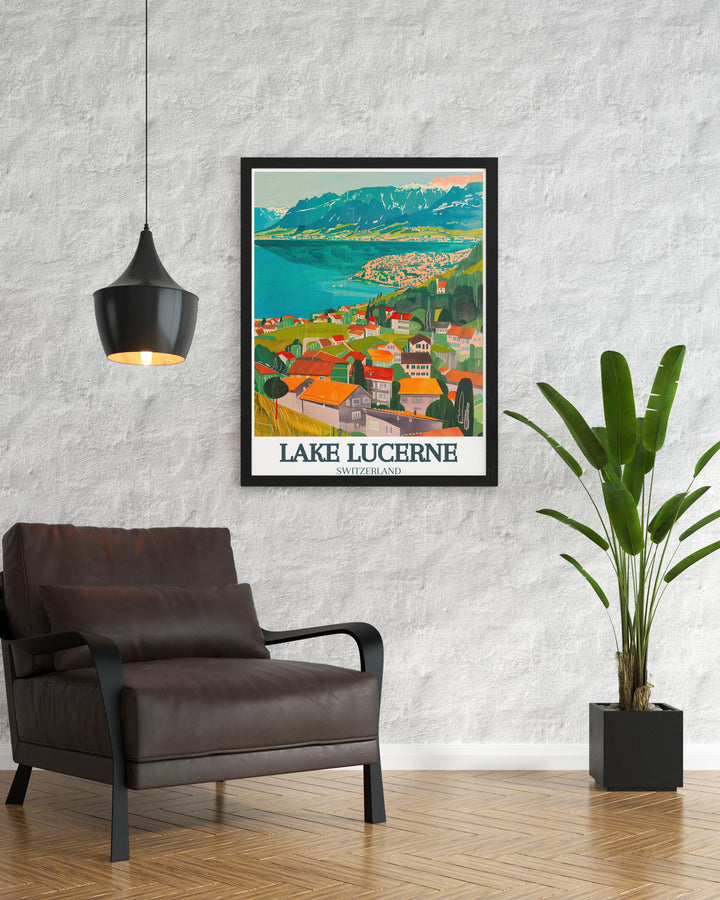 Switzerland gift idea featuring Lake Lucerne Lucerne Old Town and Swiss Alps perfect for travelers and art lovers alike. This Switzerland wall art captures the iconic views of Switzerland in a timeless print that enhances any room with a touch of European beauty.