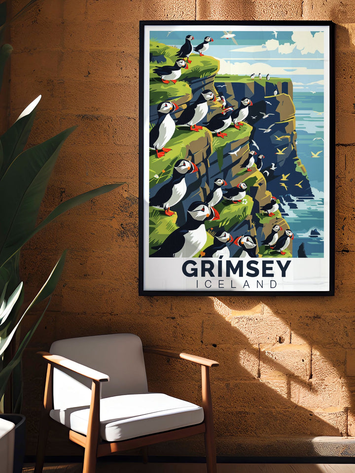 Highlighting the diverse wildlife of Grimsey, this travel poster captures the playful nature of the puffins and the islands lush landscapes, perfect for bird watchers and nature lovers.