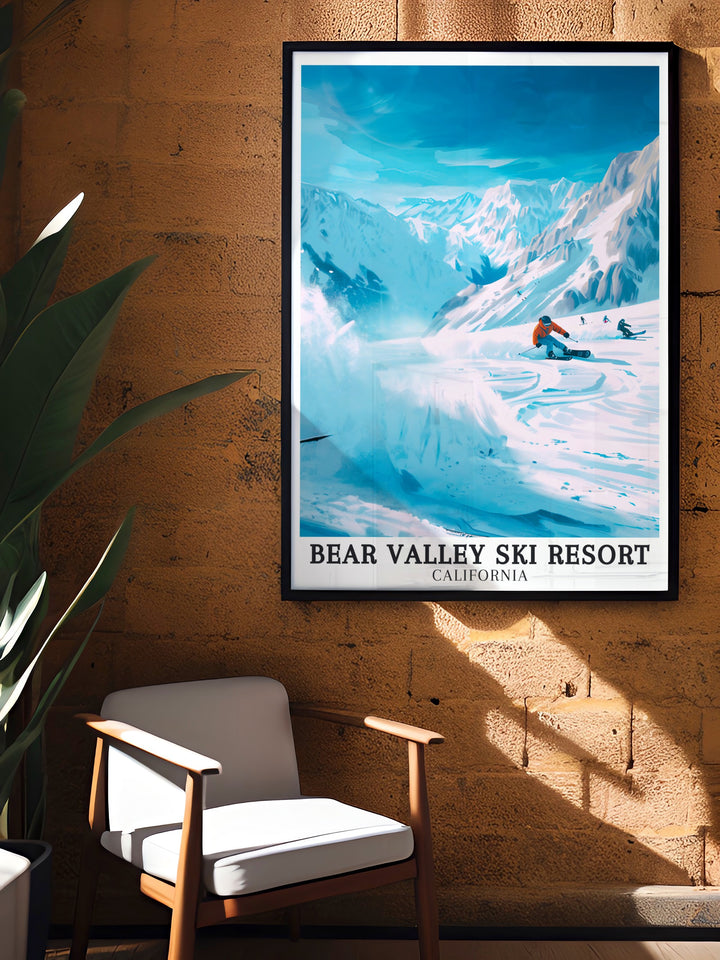 Bear Valley, Sierra Nevada is featured in this stunning ski resort print which captures the excitement of skiing and snowboarding in Californias iconic Sierra Nevada mountains. This art piece is perfect for enhancing your living room decor with natural beauty.