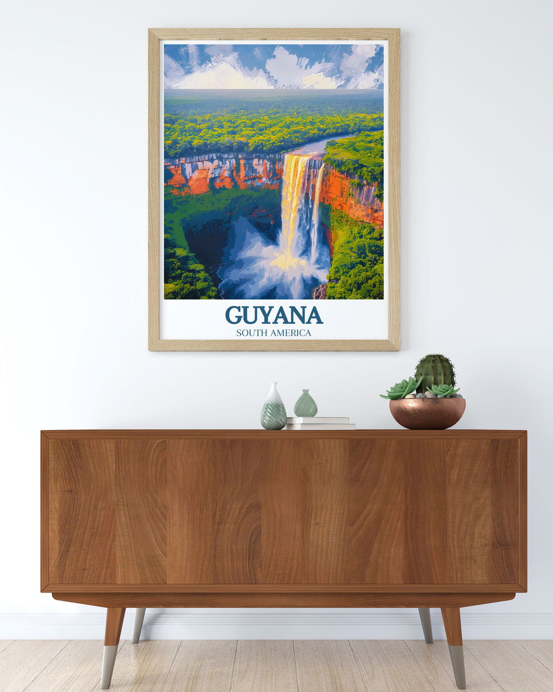 An intricate depiction of Kaieteur Falls and the surrounding rainforest, this art print showcases the stunning natural scenery of Guyana, bringing the beauty of the Amazon basin into your living space.