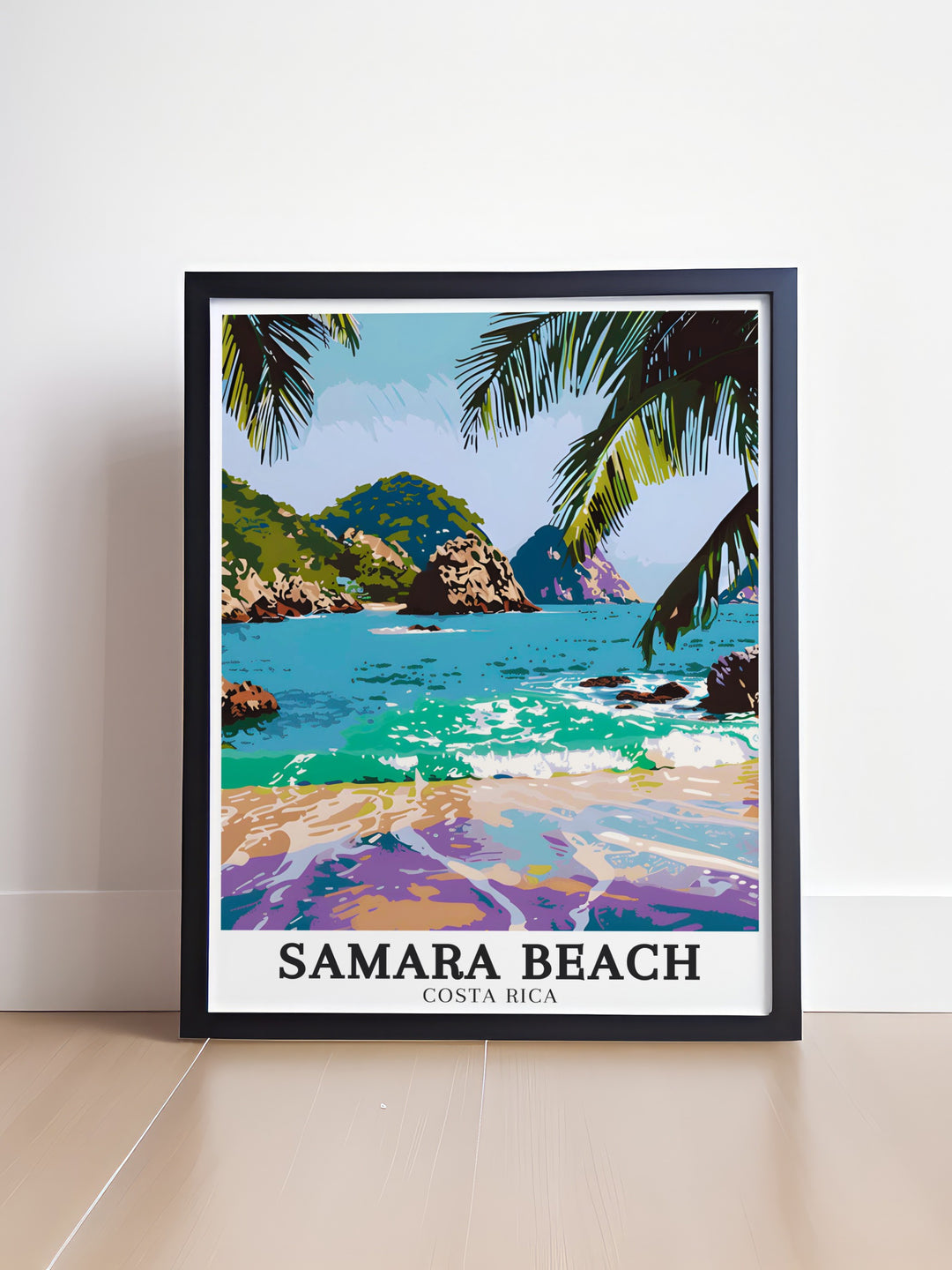 The Samara Beach travel print beautifully captures the natural beauty of Costa Ricas Pacific coast, showcasing the iconic Whale Tails Rocks and the lush greenery of Isla Chora. This wall art adds a touch of tropical paradise to any room.