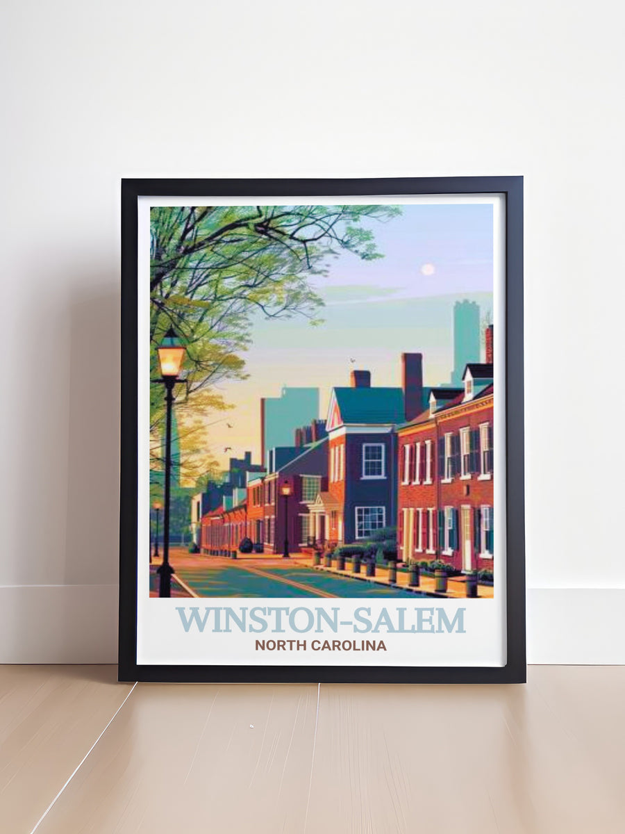 Fine line print of Old Salem Museums &amp; Gardens in Winston Salem. This artwork features intricate details and vibrant colors, capturing the essence of the citys beloved historical site. Perfect for adding a touch of historical charm to any room.
