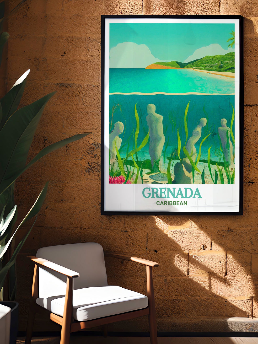 Colorful art print of Grenadas Underwater Sculpture Park, highlighting the enchanting underwater sculptures and marine life. Perfect for wall decor and as a unique gift. Experience the beauty of the Caribbean with this detailed illustration.