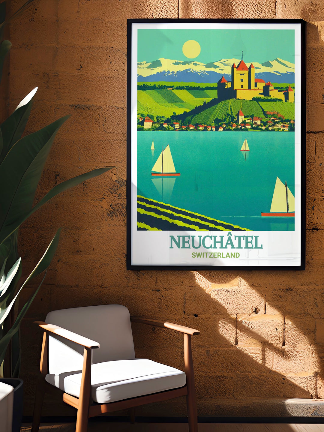 Stunning Lake Neuchatel artwork ideal for adding French charm to your home. This elegant travel art print features the calming tones of the lake, offering the perfect wall hanging for anyone seeking modern and sophisticated decor for their living room.