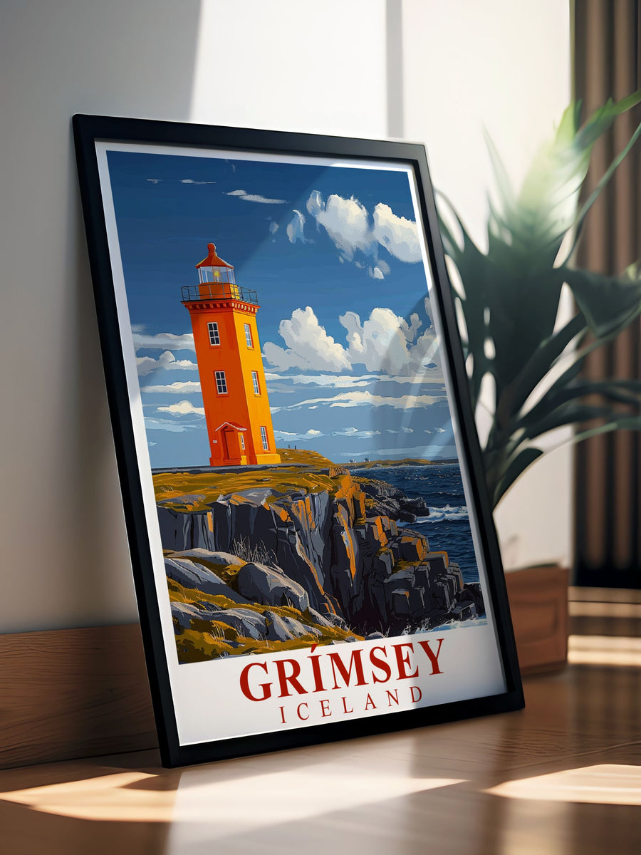 Featuring the Northern Lights and Grímsey Lighthouse, this Iceland Wall Print brings the beauty of North Iceland into your space. Ideal for lovers of Icelandic wildlife and remote travel destinations.