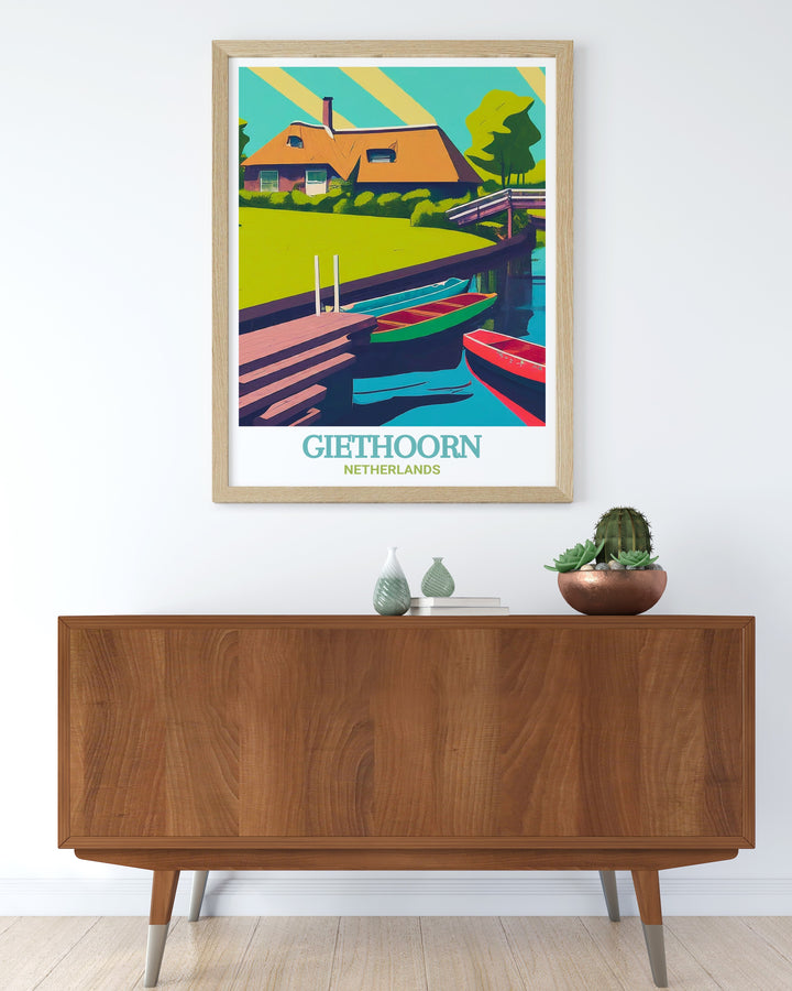 A vibrant Netherlands travel print showcasing the picturesque village of Giethoorn. This artwork features the iconic canals and traditional Dutch architecture, offering a serene and charming view that brings a touch of the Netherlands into your home. Perfect for enhancing your decor with a piece of European heritage.