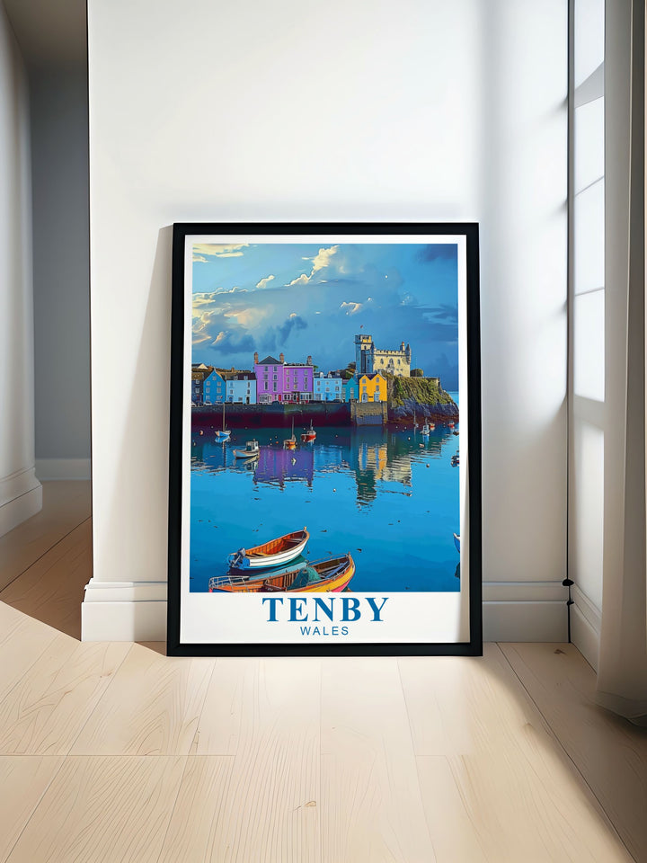 Retro travel poster featuring Tenby Harbour on the Pembrokeshire Coast. This vintage travel print showcases the charm of Tenby South Wales with its stunning coastal views perfect for home decor and gifts for art and travel lovers.