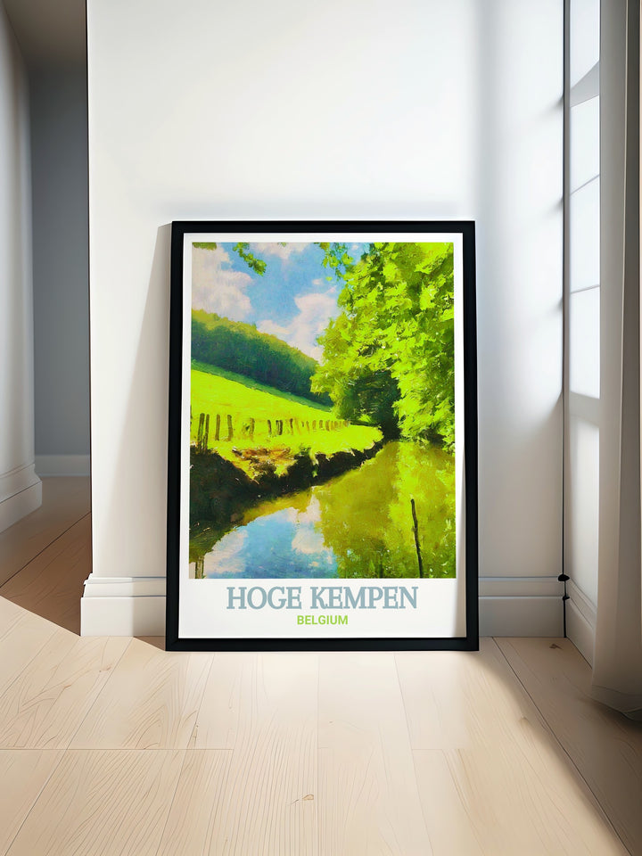 Capturing the expansive beauty of Hoge Kempen National Park, this art print highlights the dense forests and serene wetlands alongside the tranquil landscapes of Vallei van de Kikbeekbron.