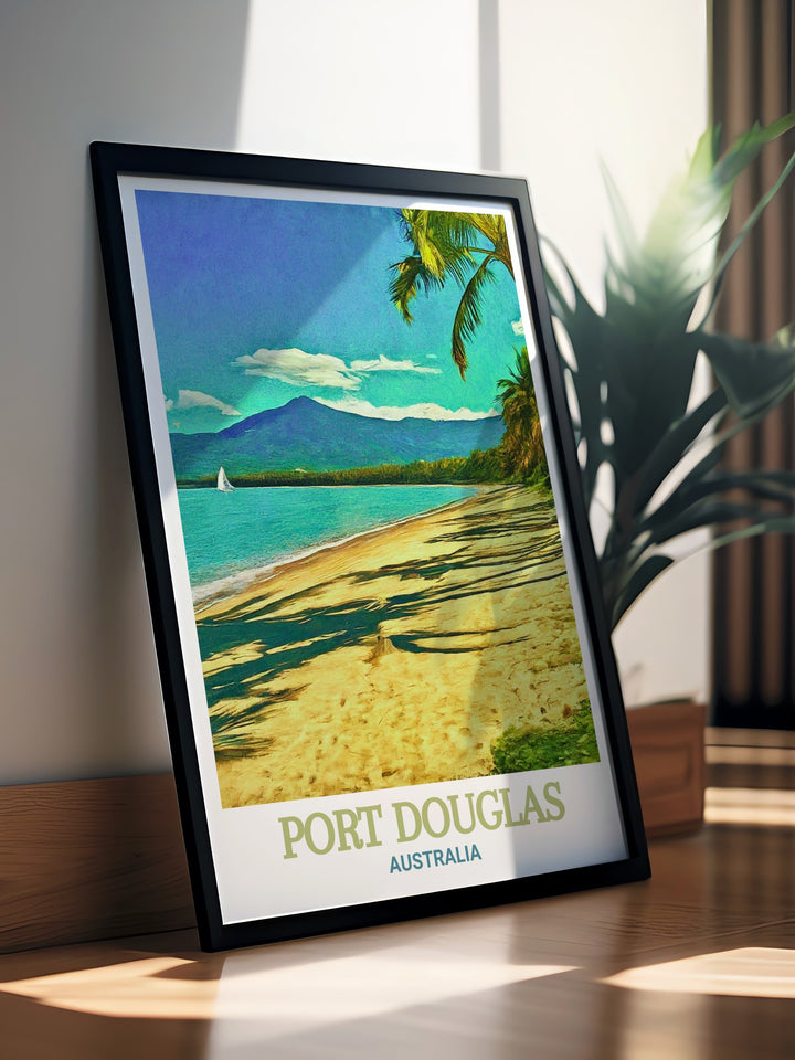 Experience the serene landscape of Four Mile Beach, Port Douglas, with this Australia travel print. Ideal as a souvenir or gift, this poster brings the beauty of the beach and surrounding rainforest to life, making it a standout addition to any room.