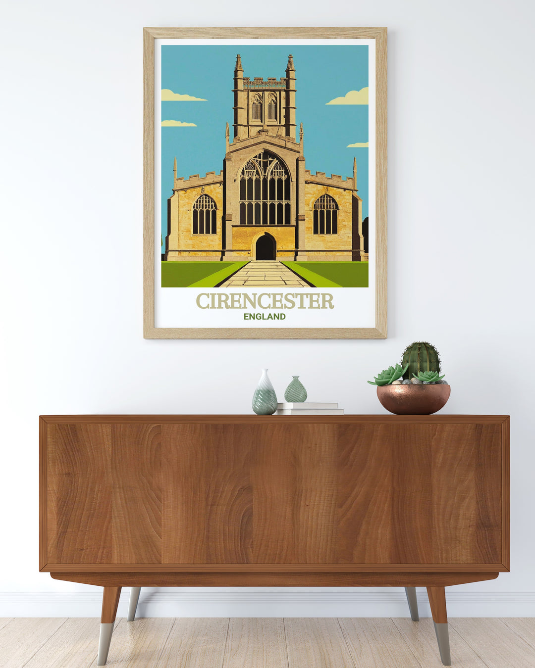 A beautifully illustrated print of Cirencesters Parish Church of St. John Baptist, capturing the churchs intricate design and the charm of the surrounding Cotswold town. Ideal for adding a classic English touch to your living space.