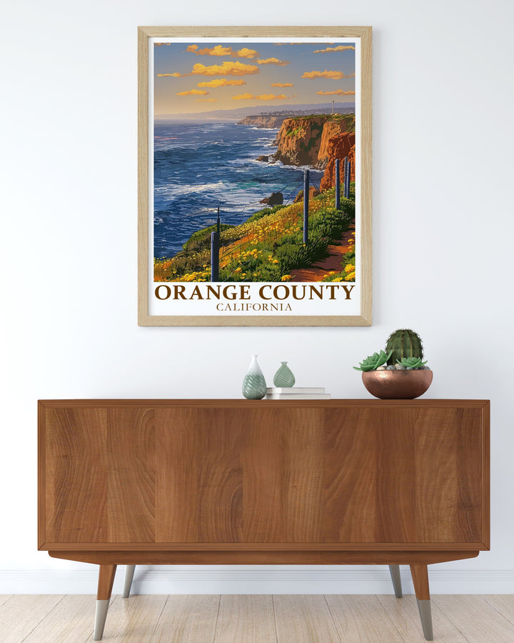 Orange County travel poster highlighting the natural beauty of Dana Point Headlands and its surrounding landscapes. This wall art brings the peaceful essence of Southern California into your home, offering a modern and stylish touch to any room. Available in framed, canvas, or digital download formats.