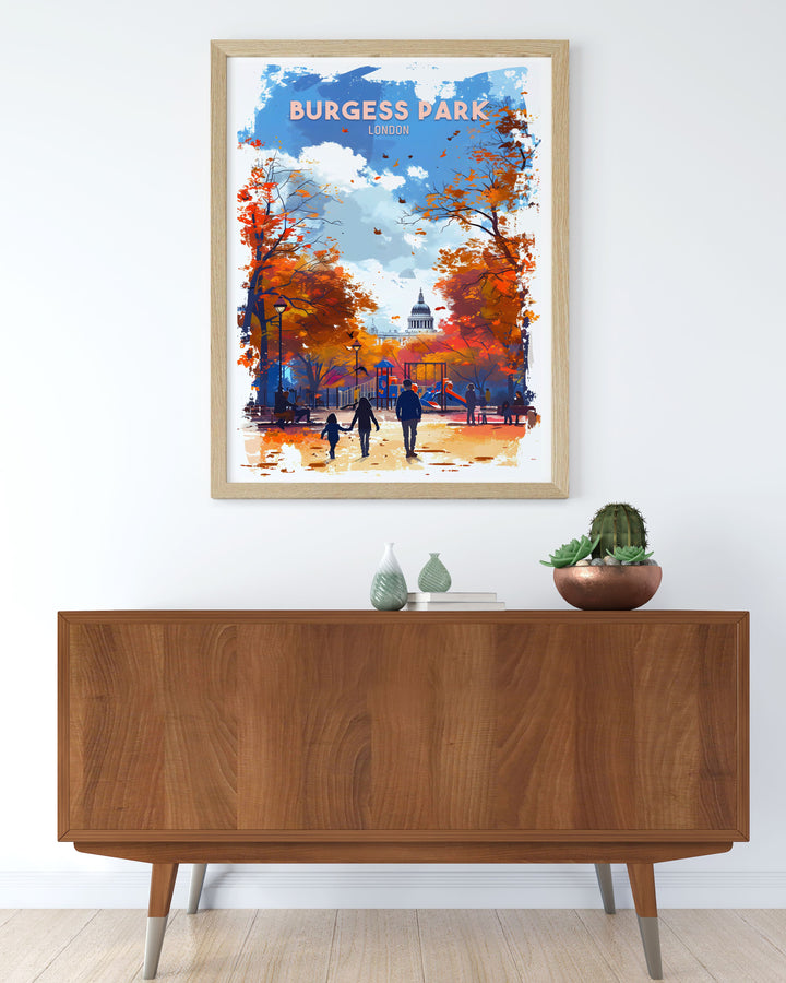 Custom print of Burgess Park Playground, offering personalized options to suit your decor preferences. This artwork captures the lively spirit and natural beauty of one of Londons most cherished green spaces.