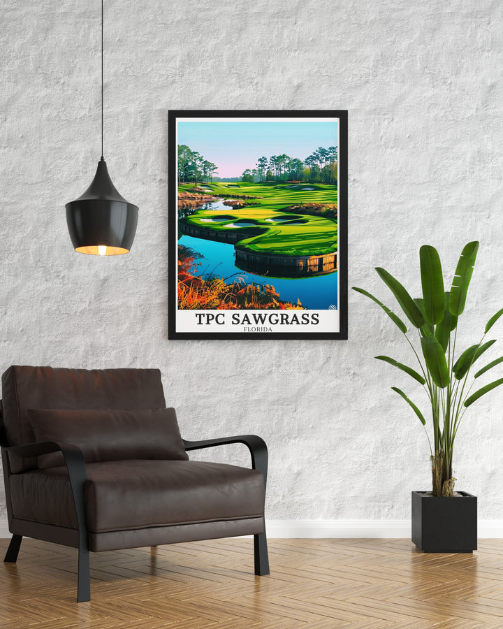 The 17th hole at TPC Sawgrass, with its challenging island green, is a defining moment in any golfers career. This print vividly depicts the holes unique challenge, offering a piece of golf history for your home. Ideal for fans of the game, this artwork brings the spirit of competition into your living space.