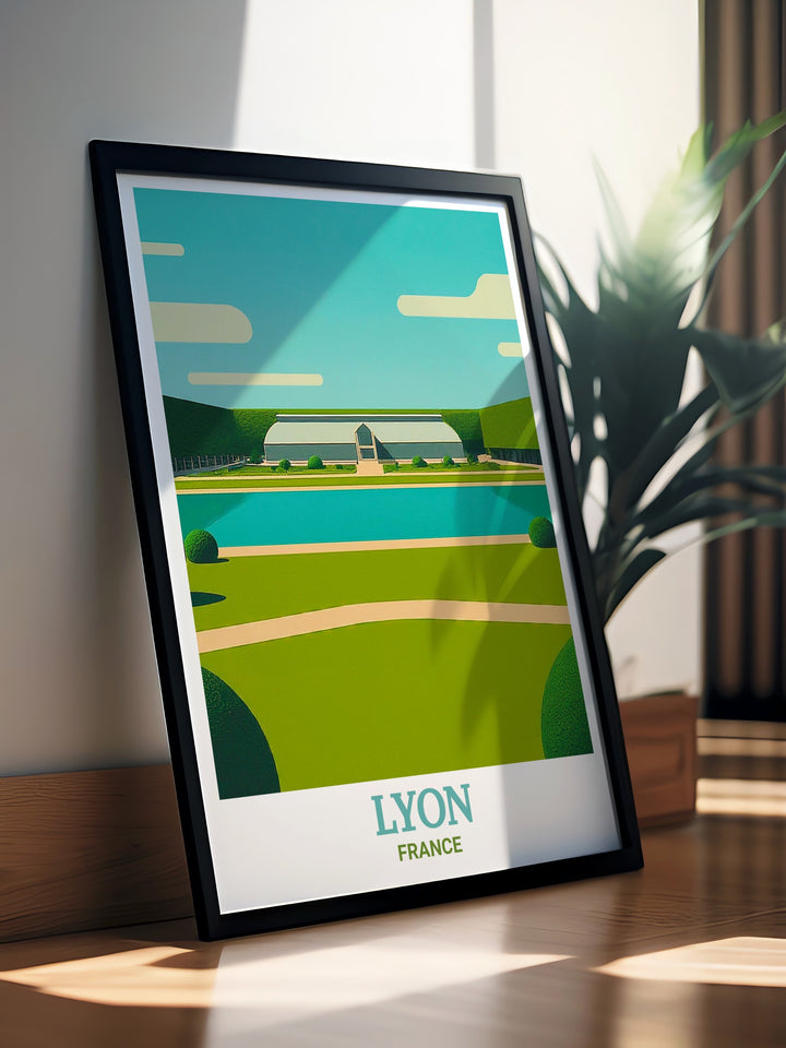 Parc de la Tête dOr Travel Print showcasing the lush greenery and peaceful waters of Lyons iconic park, ideal for bringing a touch of French nature into your living space. This print is perfect for anyone who has visited Lyon or dreams of exploring its natural beauty.