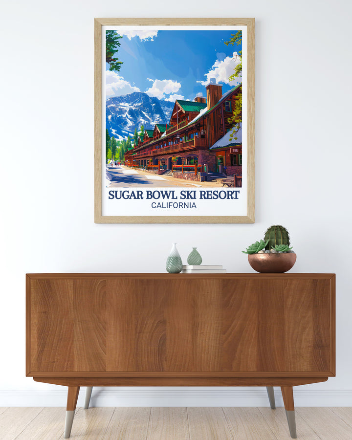 Village vintage travel print highlighting the excitement of Lake Tahoe skiing and the serene beauty of the Sierra Nevada mountains