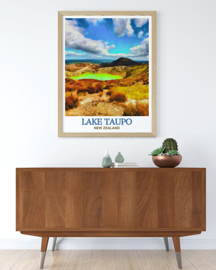 Lake Taupo Art Print highlighting the pristine and expansive beauty of New Zealands Lake Taupo, set against the backdrop of distant snow capped peaks. This print is designed to evoke the peaceful atmosphere of the lake, making it an ideal choice for those looking to bring the calming effects of nature into their home.