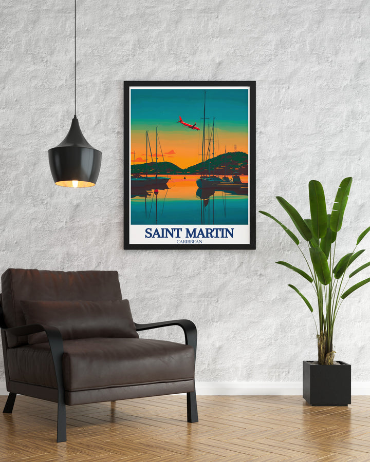 Bring the Caribbean to life in your home with this beautiful print of Saint Martins Maho Beach and Marigot Bay. The artwork captures the adventurous spirit of Maho Beach alongside the calm serenity of Marigot Bay, making it an ideal piece for island lovers.