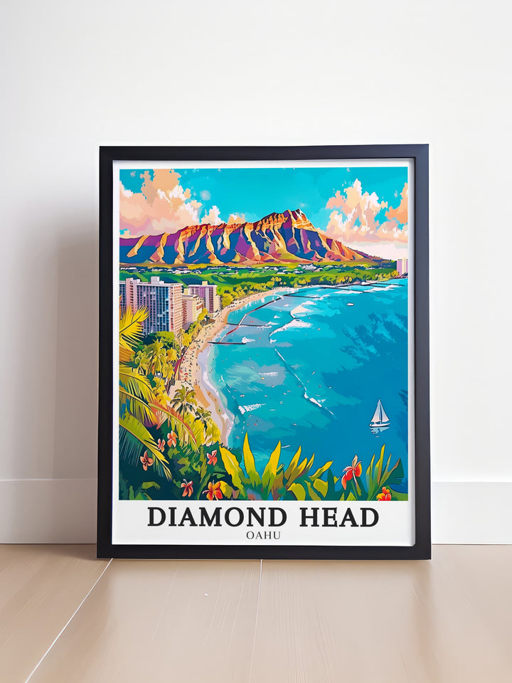 Hawaii wall art featuring the iconic Diamond Head and Waikiki Beach, blending the rugged beauty of the volcanic landscape with the serene, sun kissed shores. This artwork is ideal for bringing the essence of Hawaii into your home, perfect for creating a tropical ambiance or as a thoughtful gift for travelers.