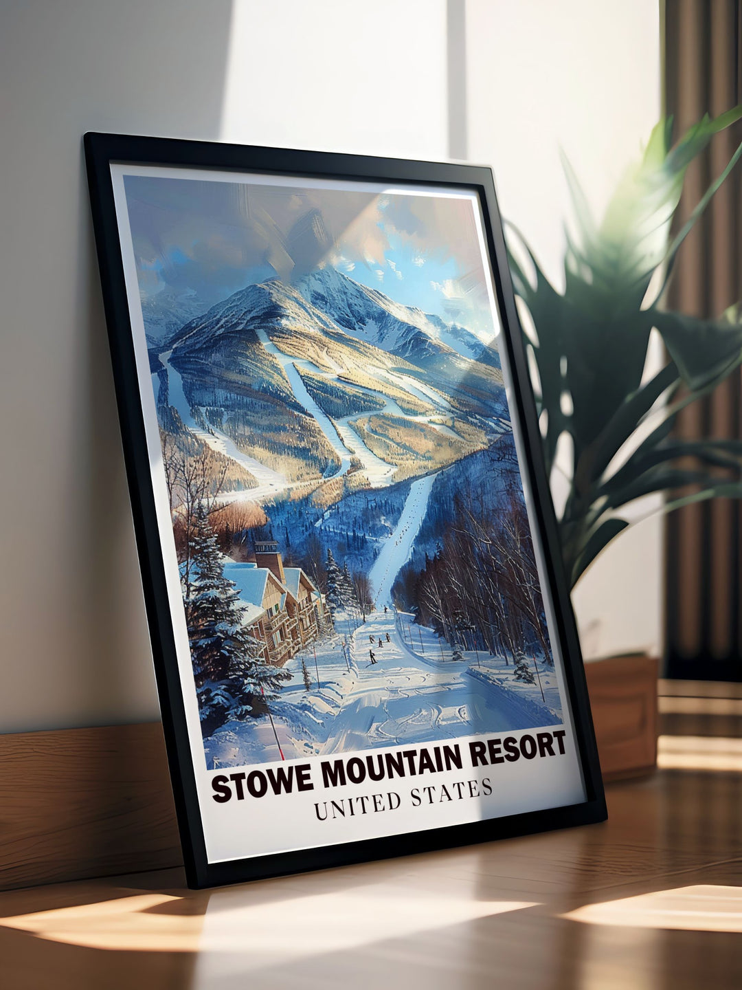 Beautiful depiction of Skii trails at Stowe Ski Resort with Mount Mansfield offering a serene and captivating addition to any room ideal for ski enthusiasts and art lovers seeking unique home decor