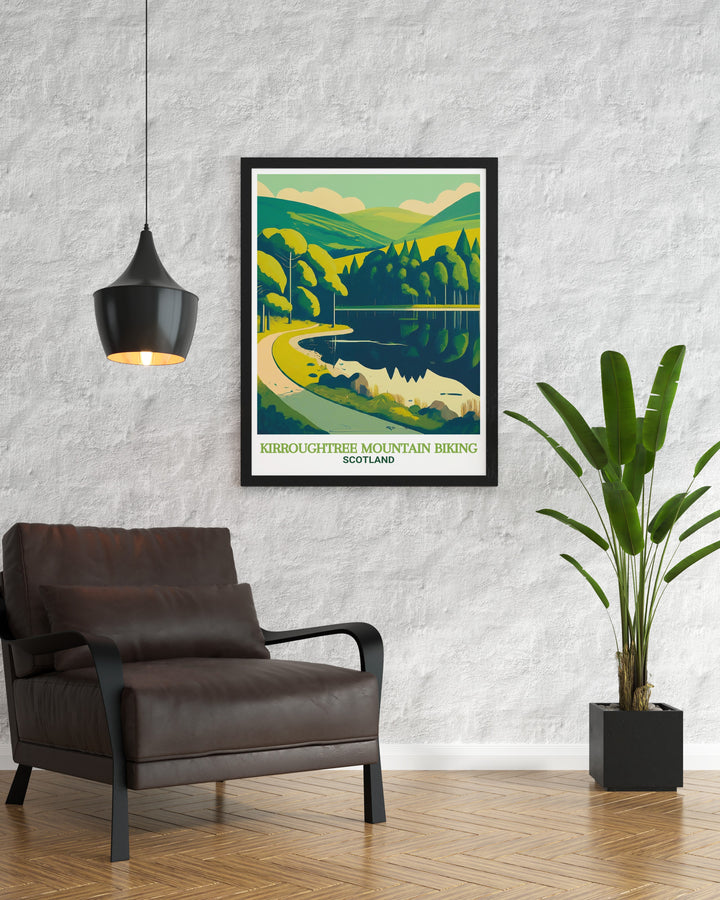 Kirroughtree mountain biking travel poster featuring the excitement of the 7stanes Trails and the peaceful Bruntis Loch in Galloway Forest Park. This framed art offers a stunning depiction of both adventure and natural beauty, perfect for cycling enthusiasts.