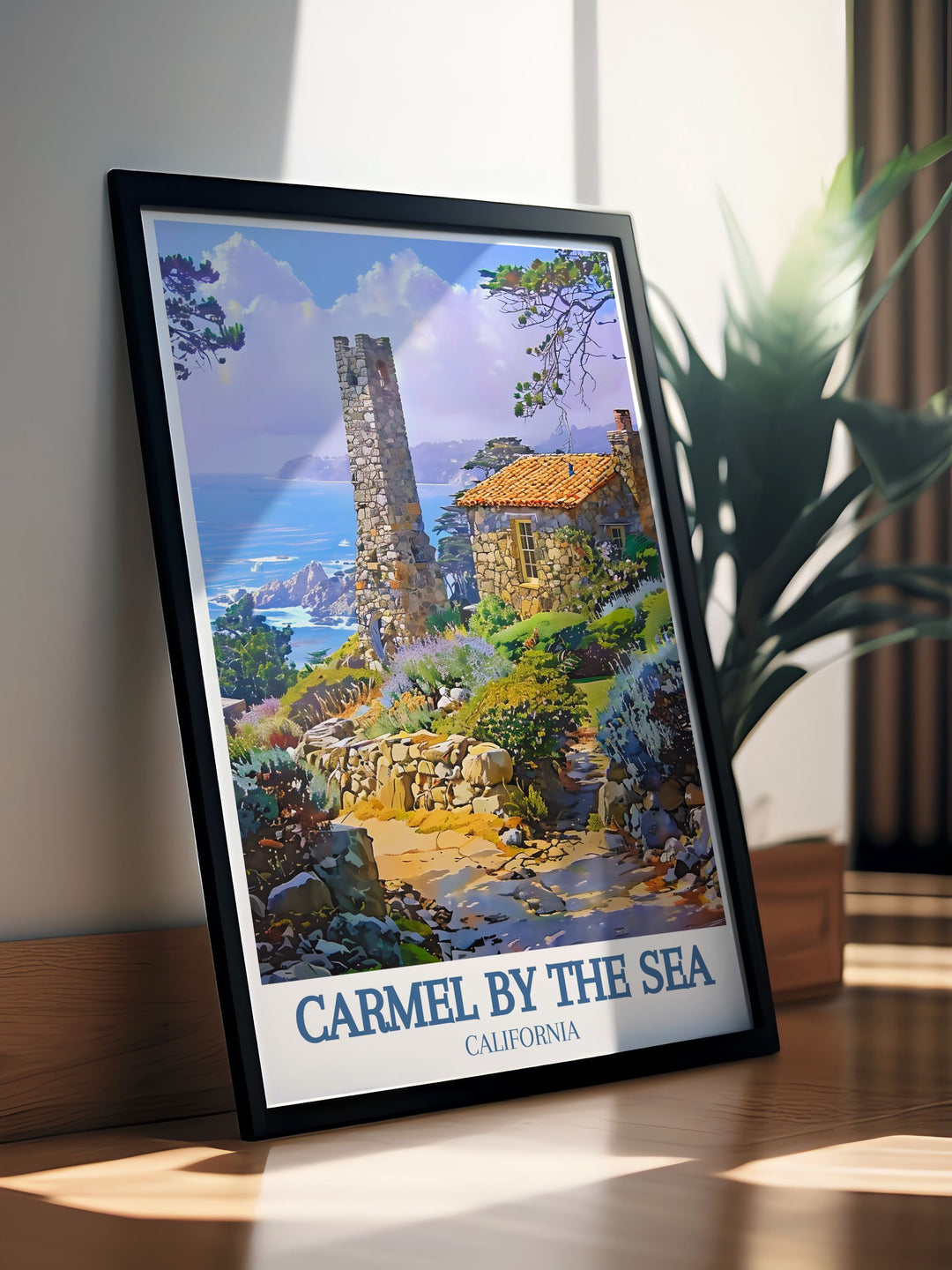 Tor House in Carmel by the Sea is beautifully depicted in this travel poster, showcasing its stone construction and scenic location. Bring a touch of Californias rich history into your living space with this exquisite artwork.