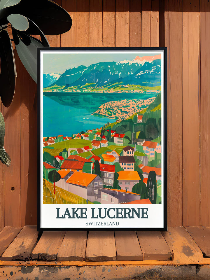 Bring the beauty of Switzerland into your home with this Lake Lucerne poster print. Featuring Lucerne Old Town and Swiss Alps this artwork creates a striking focal point in any room blending cultural richness with stunning natural scenery.