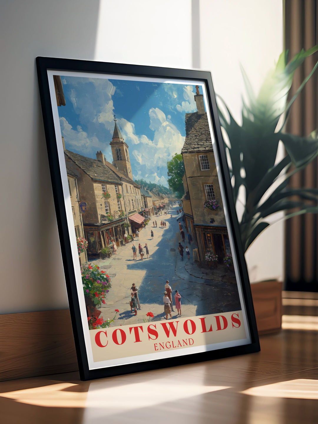 Highlighting the serene vistas of the Cotswolds and the bustling atmosphere of Stow on the Wold Market Square, this travel poster is perfect for those who appreciate the scenic and historical richness of England.