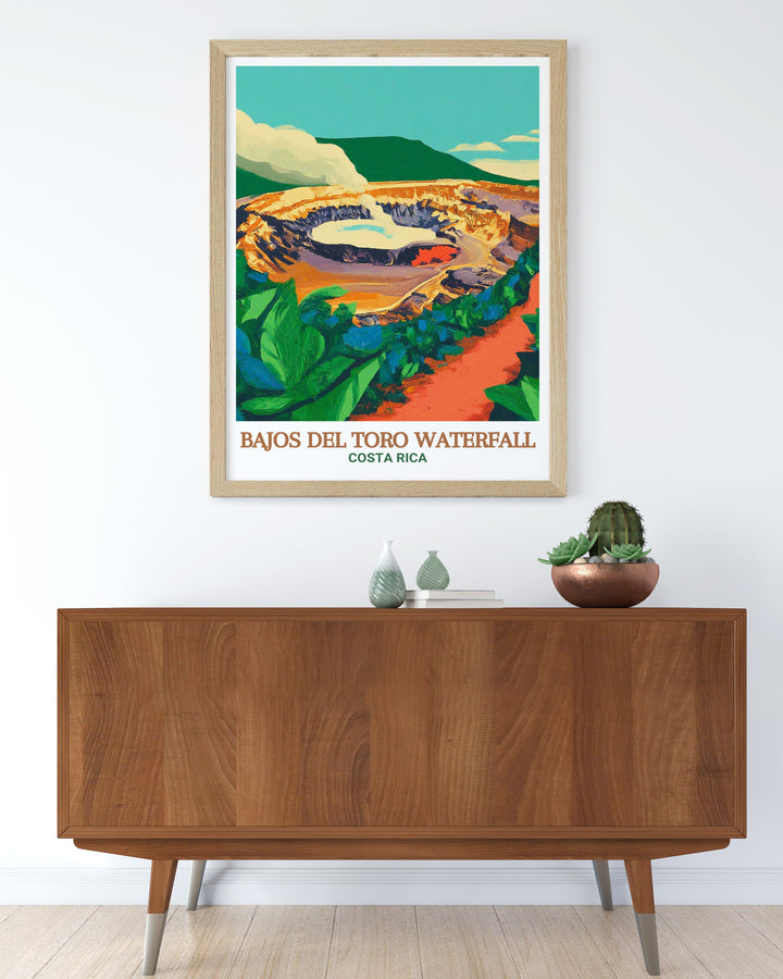 This Poás Volcano National Park poster captures the essence of Costa Ricas unique landscapes. The artwork highlights the craters dramatic geology and the surrounding tropical cloud forest, making it an ideal piece for those who love nature inspired art.