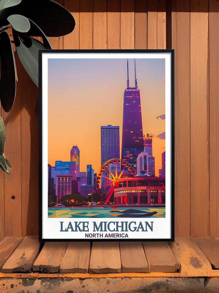 Lake Michigan Art featuring Navy Pier is a stunning representation of Great Lakes beauty, perfect for modern minimalist decor. This poster is great as a personalized gift for anyone with a love for iconic landmarks and travel.