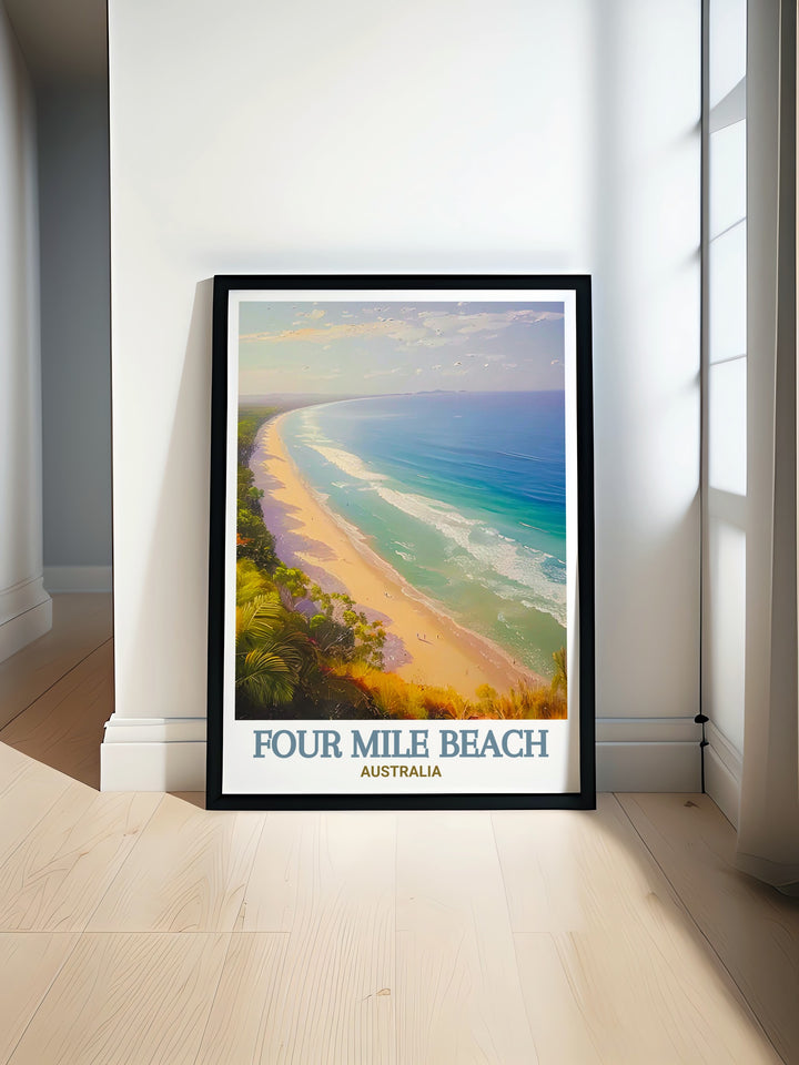 Australia travel poster featuring the serene beauty of Four Mile Beach perfect for enhancing your living space or gifting to loved ones who adore Australian landscapes