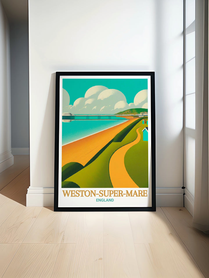 Bristol travel poster highlights the vibrant cultural scene of one of the UKs most dynamic cities, offering a stylish representation of Bristols architecture and historic significance. Ideal for urban art lovers, this piece pairs beautifully with coastal prints from Somerset.