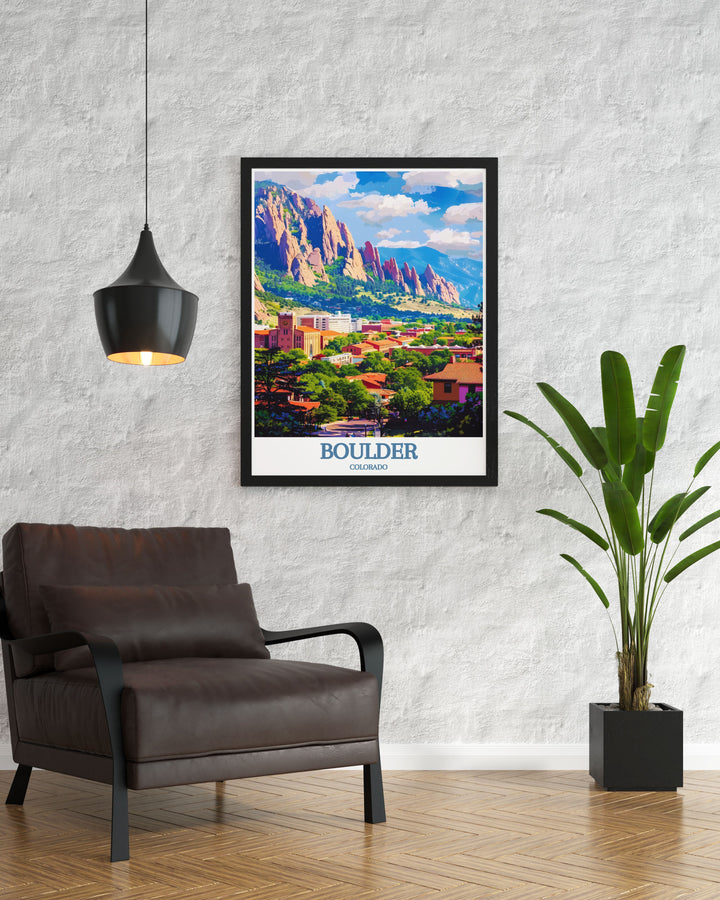 Wall decor featuring the Flatirons in Boulder, Colorado, beautifully captured in a fine art print that celebrates the unique geological formations and serene natural environment of this beloved location.
