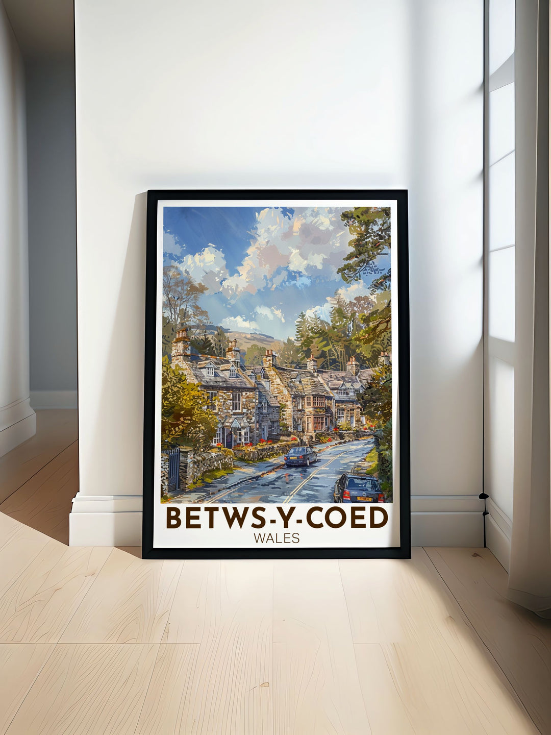 Betws y Coed travel poster featuring the charming village nestled in the lush Welsh countryside perfect for adding a touch of nature and history to your home decor or as a thoughtful gift for lovers of Betws y Coed and Wales.