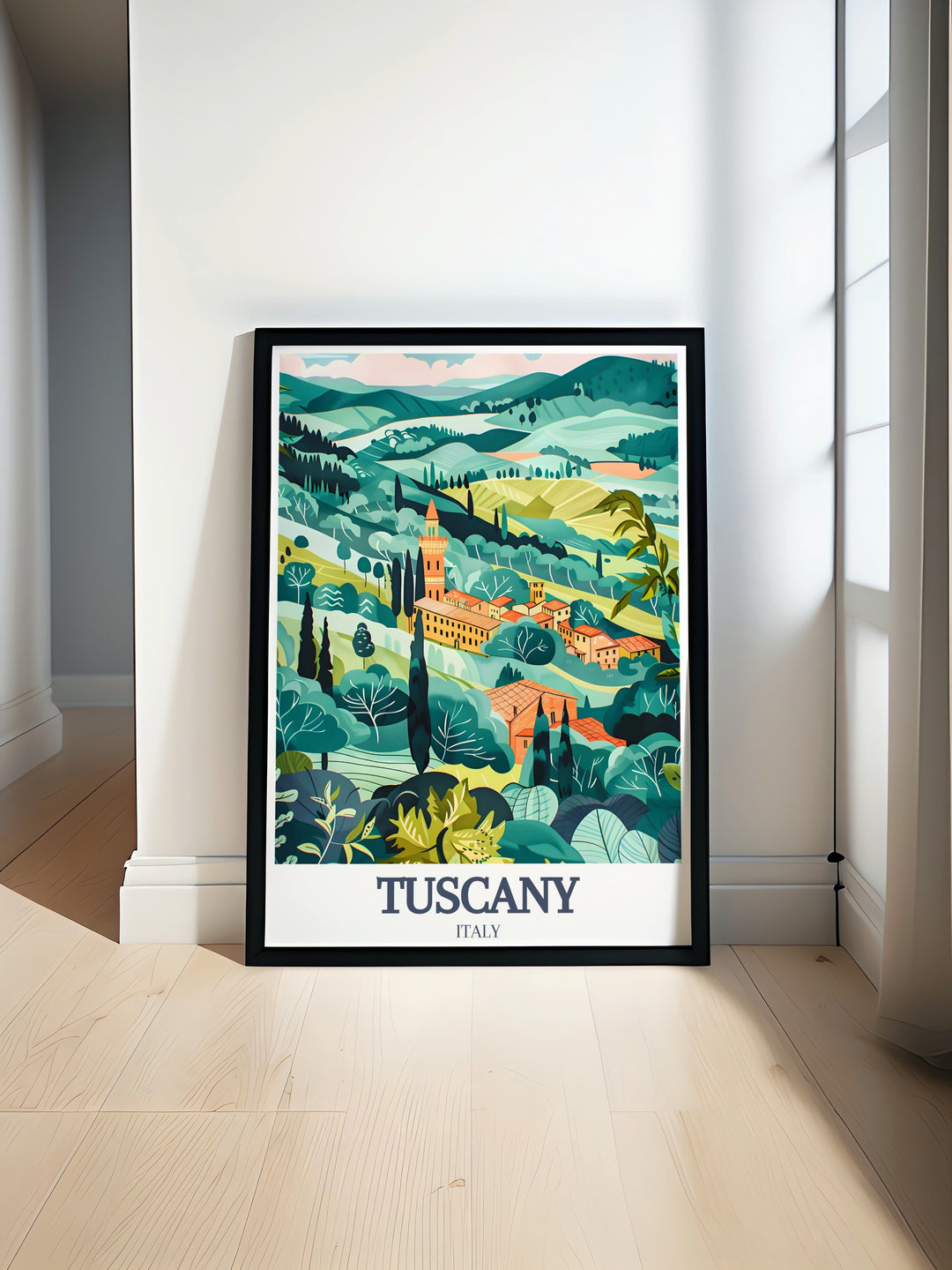 This Tuscany poster print offers a detailed depiction of Val dOrcias rolling hills and the historic town of Pienza, blending natural beauty with Renaissance elegance. Ideal for anyone seeking to add Italian charm to their décor.