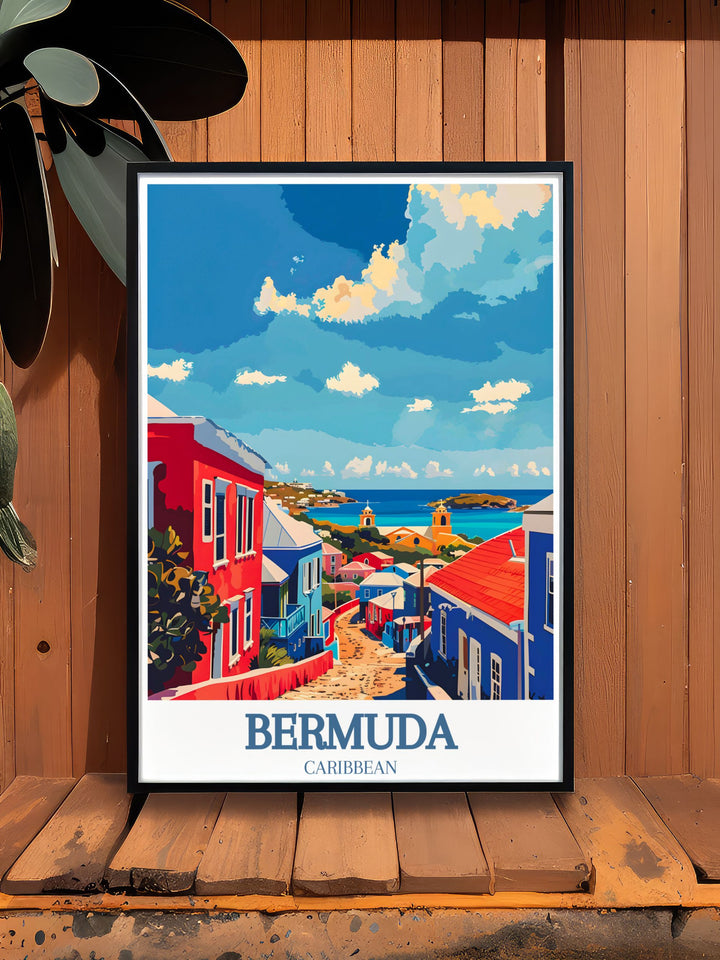 Unique artwork of Bermuda featuring the Royal Naval Dockyard and Clocktower Mall, perfect for personalized gifts or home decor. This print captures the essence of Bermudas historic and scenic landmarks.