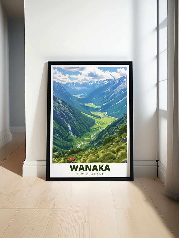 Discover the stunning landscapes of New Zealand with this Wanaka Art Print featuring the serene beauty of Matukituki Valley Perfect for creating a travel inspired atmosphere this artwork brings the tranquility of New Zealand into your living room or office space