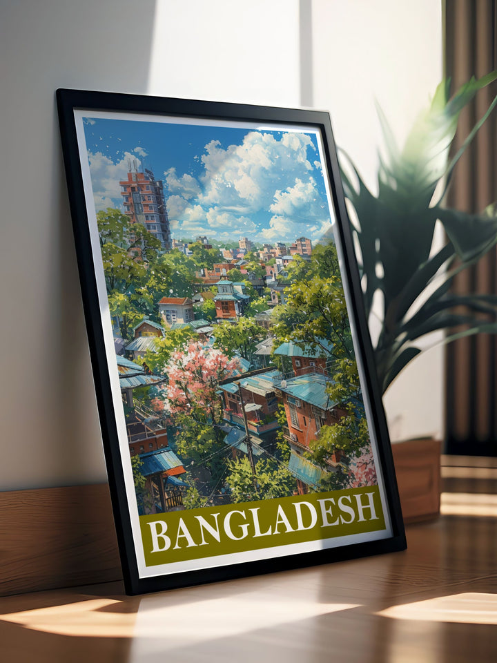 Featuring the iconic Ahsan Manzil in Dhaka, this travel poster captures the historical charm and architectural brilliance of Bangladeshs capital, ideal for travel enthusiasts.