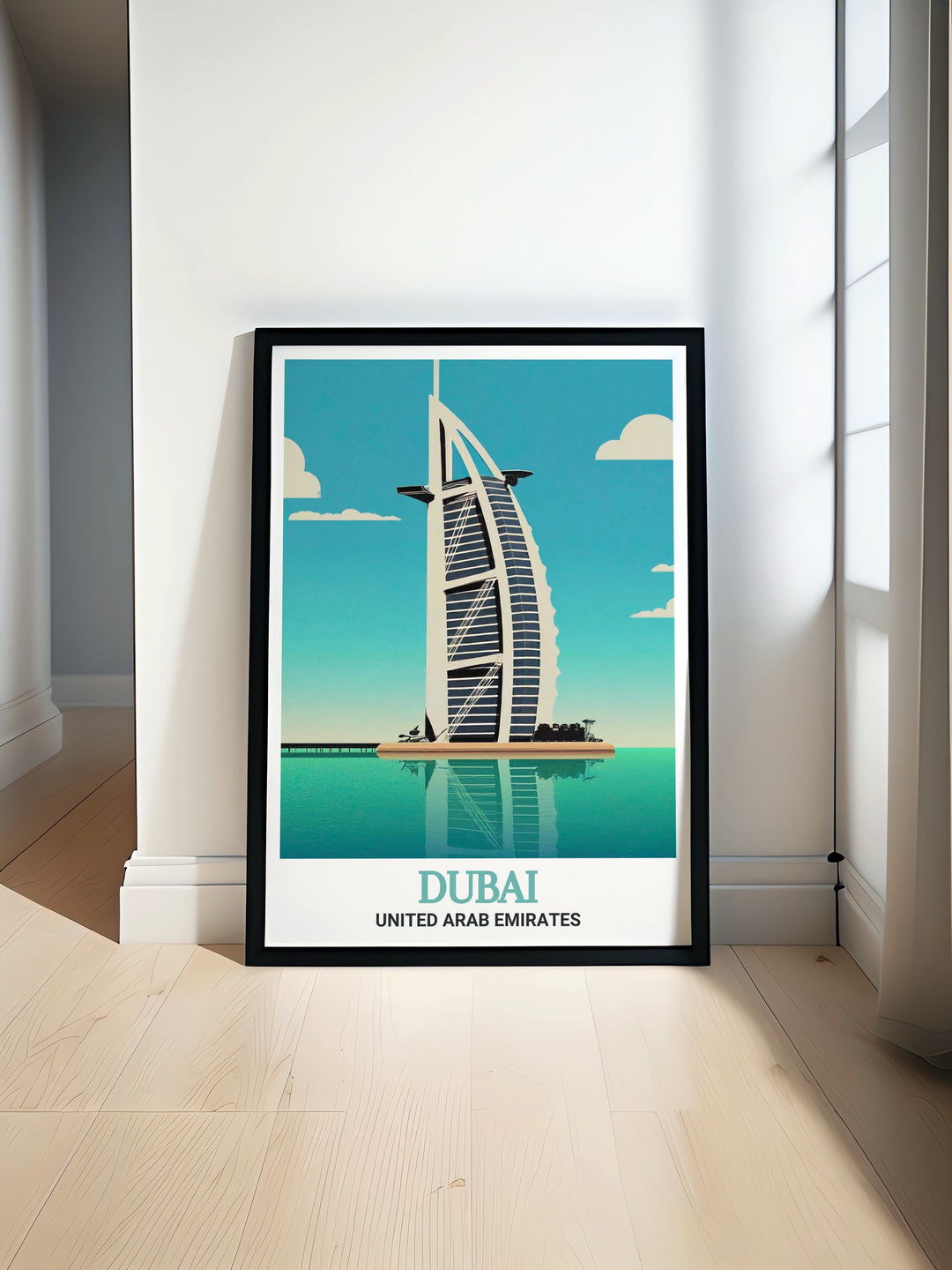 Stunning art print of the Burj Al Arab and Dubai cityscape perfect for modern home decor featuring black and white design and fine line details ideal for living room bedroom or office settings