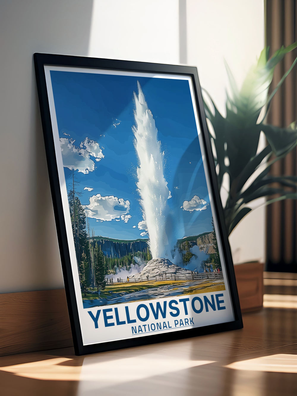 Discover a captivating travel poster featuring Yellowstones Old Faithful Geyser, perfectly framed by the breathtaking scenery of the park. This artwork serves as a reminder of the wonders of nature and the excitement of exploring national parks.