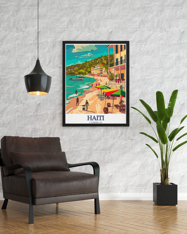 The charm of Cap Haïtiens colonial architecture and the beauty of Labadee Beachs coastline come together in this framed art, celebrating Haitis rich history and natural landscapes. A great addition to any room or travel inspired gallery wall.